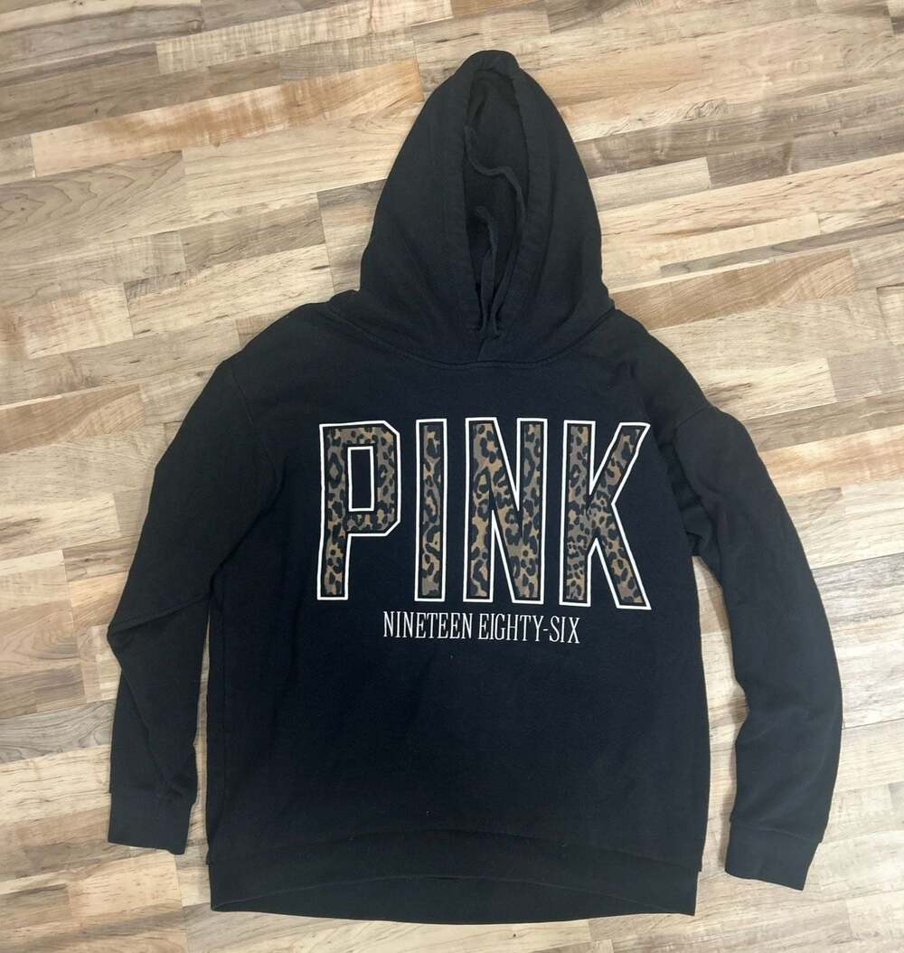 Victoria's Secret PINK Black Leopard Print Logo Hoodie Size Medium